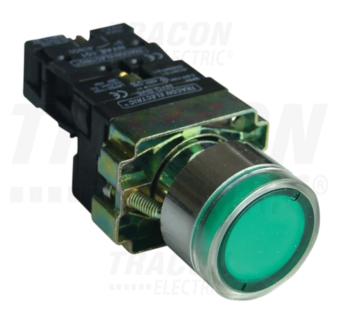 Világító nyomógomb, fémalap, zöld, glim, izzó nélkül  1×NO, 3A/400V AC, 230V, IP42