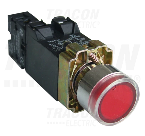 Világító nyomógomb, fémalap, trafóval,piros,glim,izzó nélk.  1×NC, 3A/230V AC, 6V, IP42