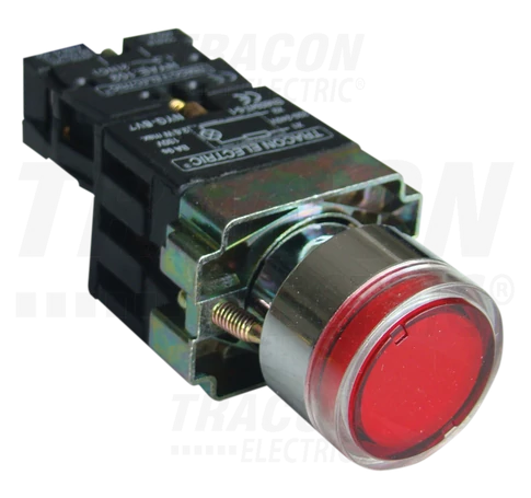 Világító nyomógomb, fémalap, előtét, piros, glim,izzó nélk.  1×NC, 3A/230V AC, 130V, IP42