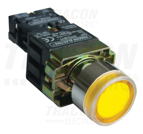 Világító nyomógomb, fémalap, előtét, sárga, glim,izzó nélk.  1×NO, 3A/230V AC, 130V, IP42
