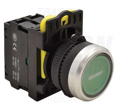 Jelölt, világító nyomógomb, zöld, (fehér I)  1×NO, 5A/230V AC-15, IP65, LED 230V AC/DC