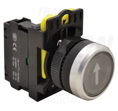 Jelölt nyomógomb, fekete, (fehér nyíl)  1×NO, 5A/230V AC-15, IP65