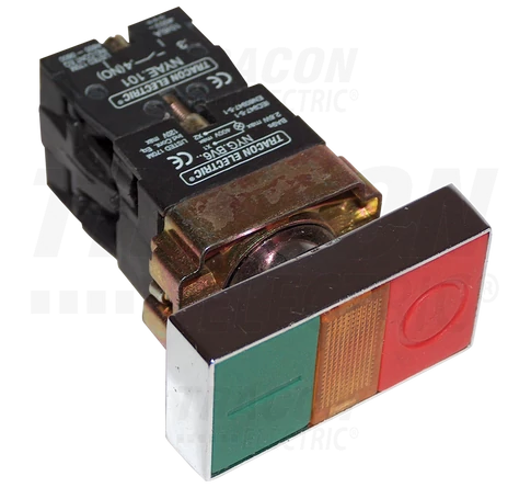 Kettős BE-KI nyomógomb, fémalap, zöld+piros jelzőfény  1×NC+1×NO, 3A/400V AC, IP42