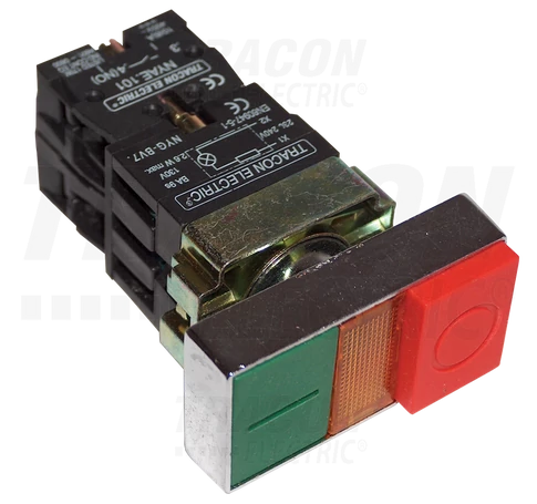 Kettős BE-KI nyomógomb, fémalap, zöld+piros jelzőfény kiálló  1×NC+1×NO, 3A/400V AC, IP42