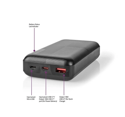 Nedis UPBKPD20000BK hordozható külső akkumulátor, powerbank 20000mAh