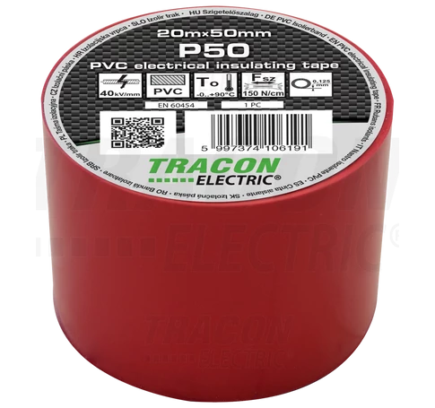 Szigetelőszalag, piros  20m×50mm, PVC, 0-90°C, 40kV/mm
