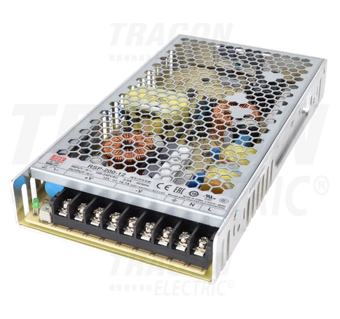 Fém házas LED meghajtó szalagokhoz, szabályozható DC kimenet  85-264 VAC / 12 VDC, 200 W, 0-16,7 A, PFC