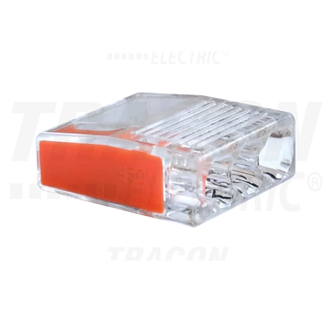 Csavar nélküli vezetékösszekötő, átlátszó/narancs  3×0,5-2,5mm2, 450VAC, max. 16A