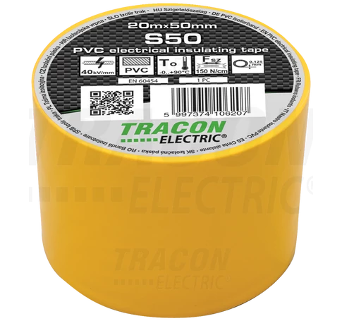 Szigetelőszalag, sárga  20m×50mm, PVC, 0-90°C, 40kV/mm