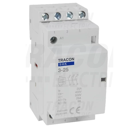 Installációs kontaktor  230V AC, 50Hz, 2 Mod, 3×NO, AC1/AC7a, 25A