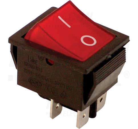 Készülékkapcs., BE-KI, 2-pólus, piros, 0-I felirat, világító  16(6)A, 250V AC