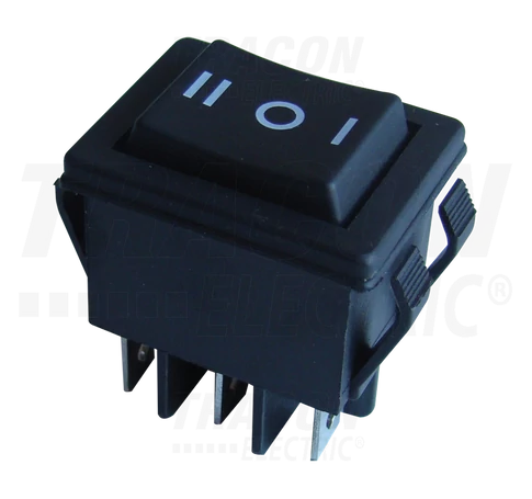 Készülékkapcsoló, váltó, fekete, nyomókapcs., I-0-II felirat  16(6)A, 250V AC