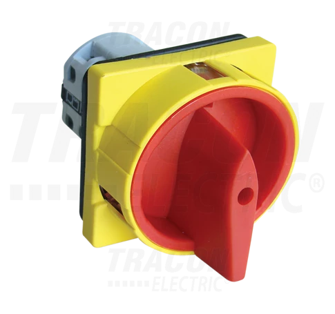 Tokozott főkapcsoló, lakatolható, sárga fedéllel, BE-KI  400V, 50Hz, 25A, 4P, 7,5kW, 48×48mm, IP44