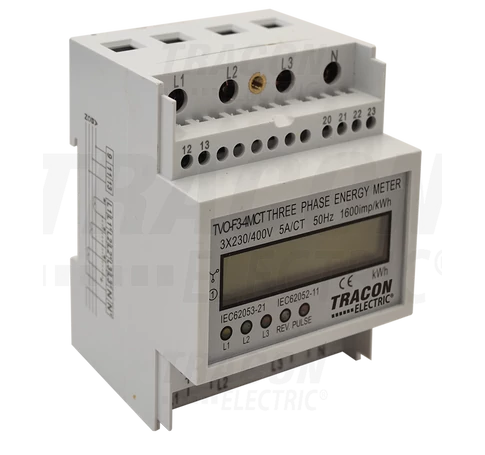 LCD kijelzésű háromfázisú áramváltós fogyasztásmérő, 4 modul  400V / 5 A CT Pd=3W
