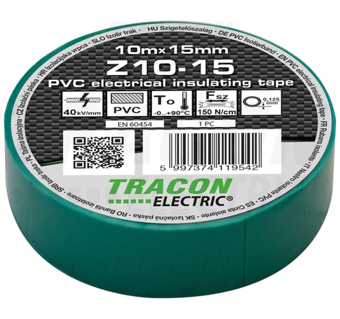 Szigetelőszalag, zöld  10m×15mm, PVC, 0-90°C, 40kV/mm