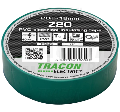Szigetelőszalag, zöld  20m×18mm, PVC, 0-90°C, 40kV/mm