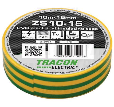Szigetelőszalag, zöld/sárga  10m×15mm, PVC, 0-90°C, 40kV/mm