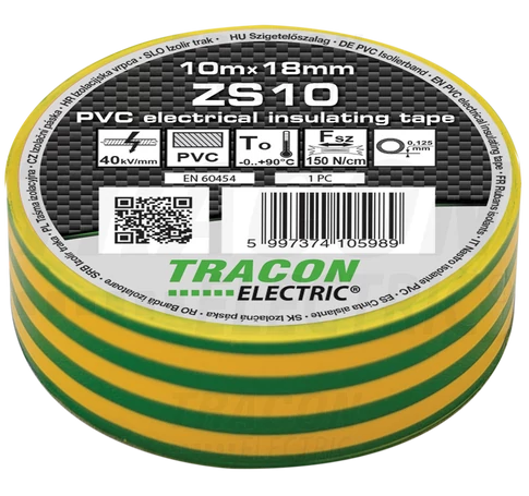 Szigetelőszalag, zöld/sárga  10m×18mm, PVC, 0-90°C, 40kV/mm