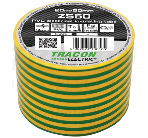 Szigetelőszalag, zöld-sárga  20m×50mm, PVC, 0-90°C, 40kV/mm